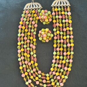 Vintage Pink Yellow Green Multi-Strand Necklace with Matching clip on earrings.